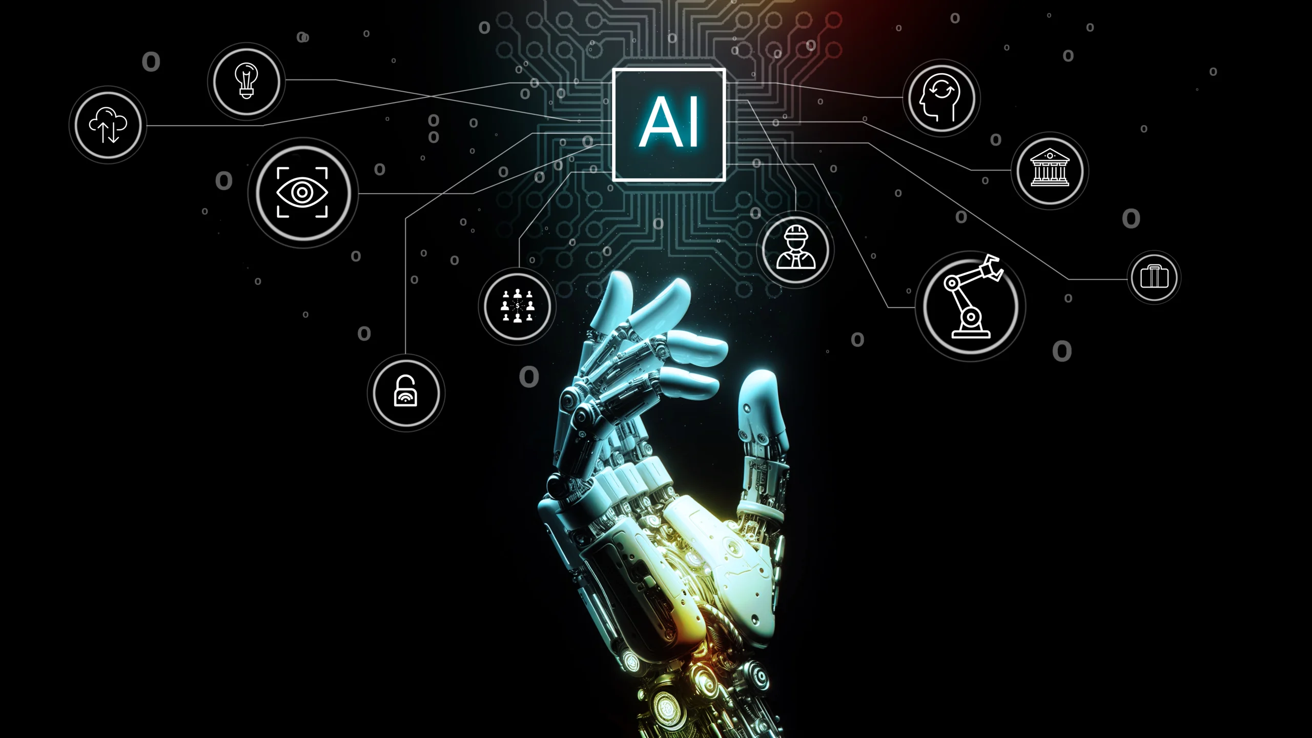 Robotic hand reaching toward a glowing AI chip connected to icons representing industries and AI capabilities
