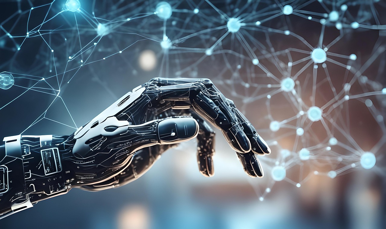 Robotic hand connecting with a glowing AI neural network