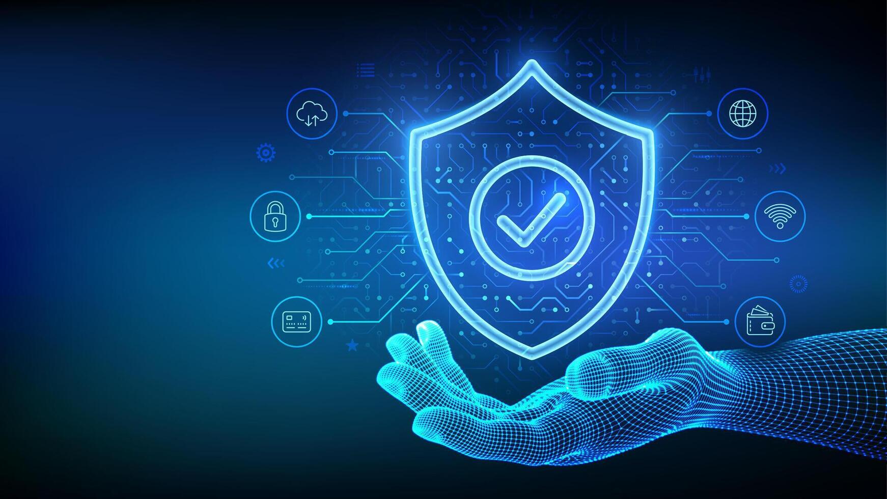 Wireframe hand holding a glowing shield with a checkmark, surrounded by security and data protection icons